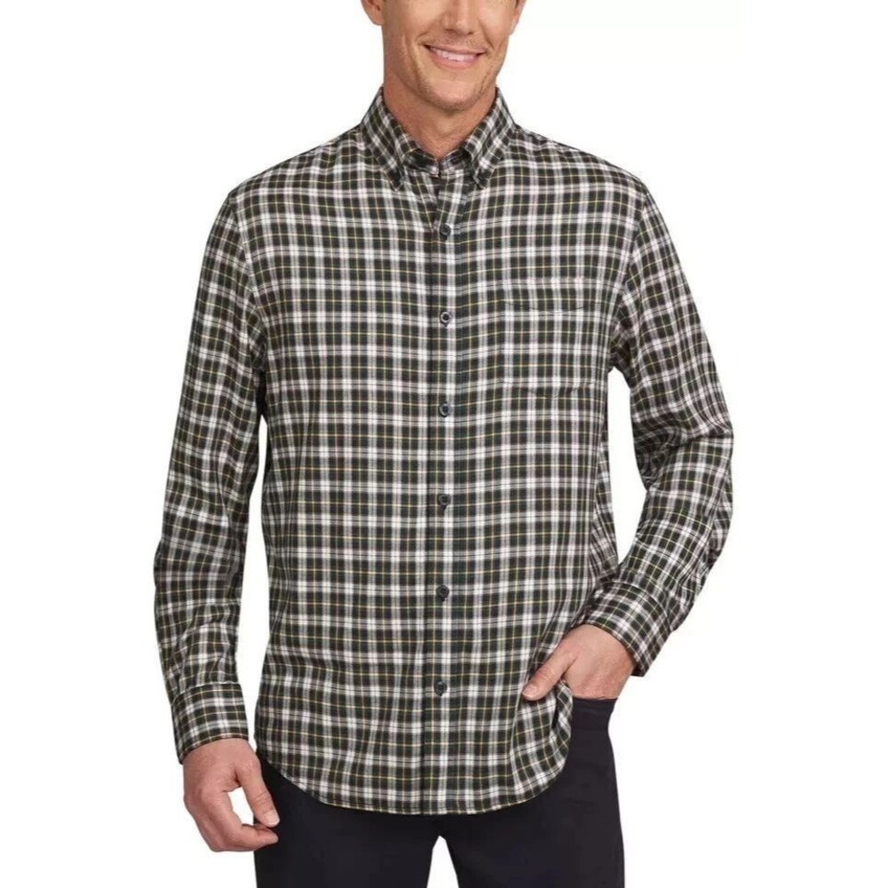 Lands End Brushed Twill Button Down Shirt Green Yellow Plaid Medium